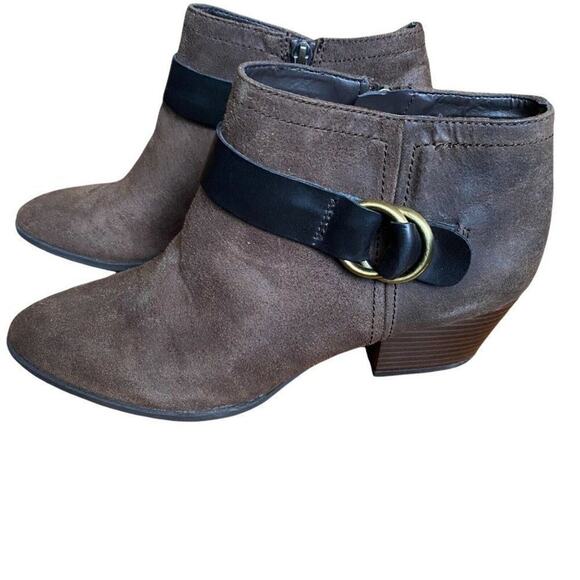 Franco Sarto Bootie Women's Brown Gabie Buckle Faux Suede Zip Heel Shoe SZ 8.5 - Picture 6 of 9